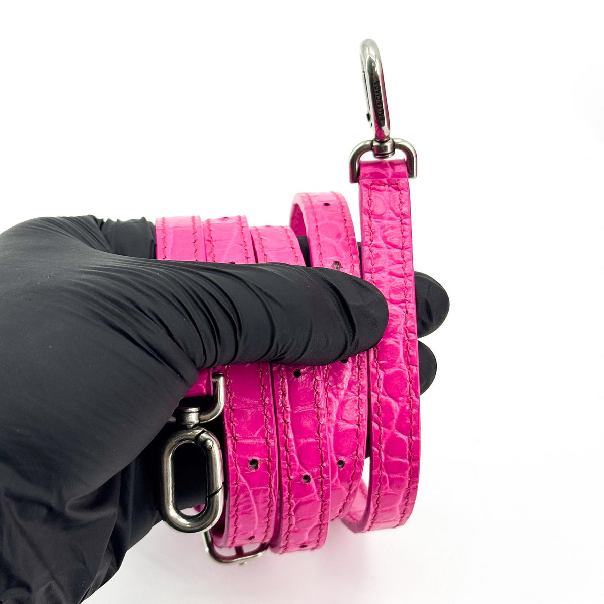 Balenciaga Hourglass XS Croco Embossed Top Handle Bag Pink Silver