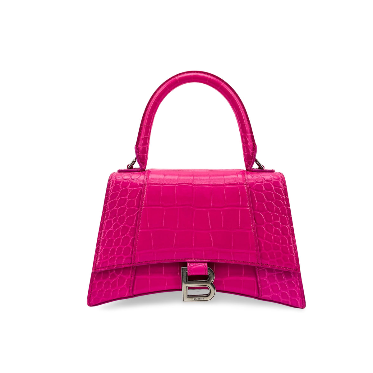 Balenciaga Hourglass XS Croco Embossed Top Handle Bag Pink Silver