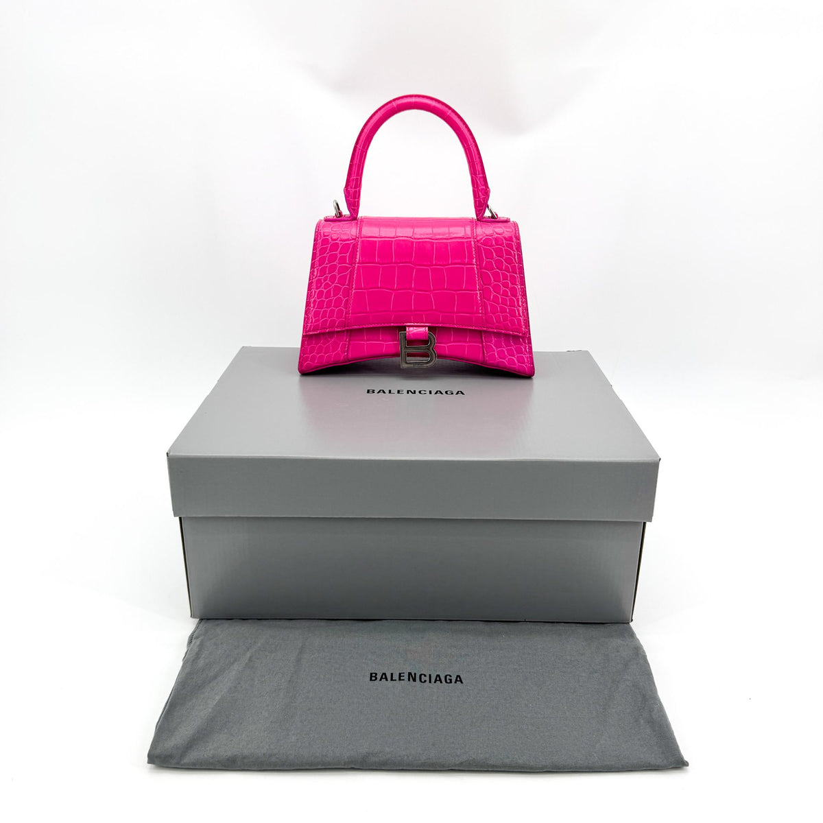 Balenciaga Hourglass XS Croco Embossed Top Handle Bag Pink Silver