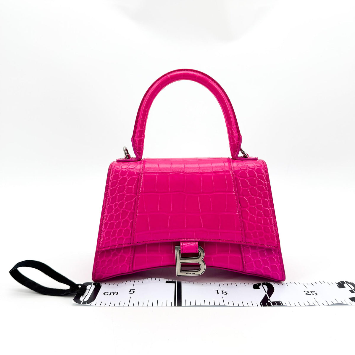 Balenciaga Hourglass XS Croco Embossed Top Handle Bag Pink Silver