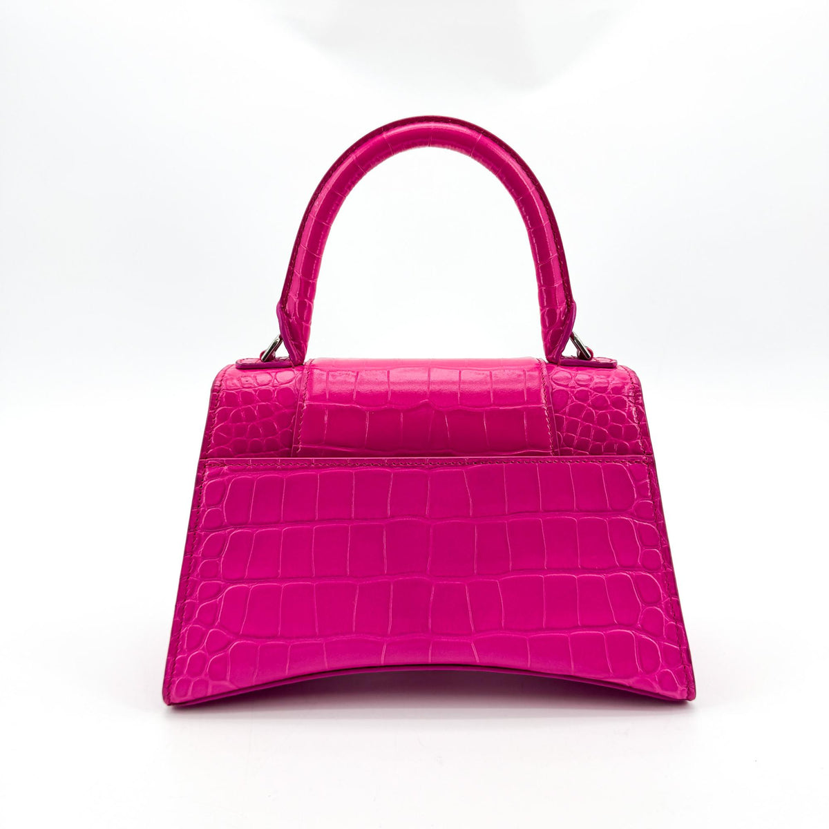 Balenciaga Hourglass XS Croco Embossed Top Handle Bag Pink Silver