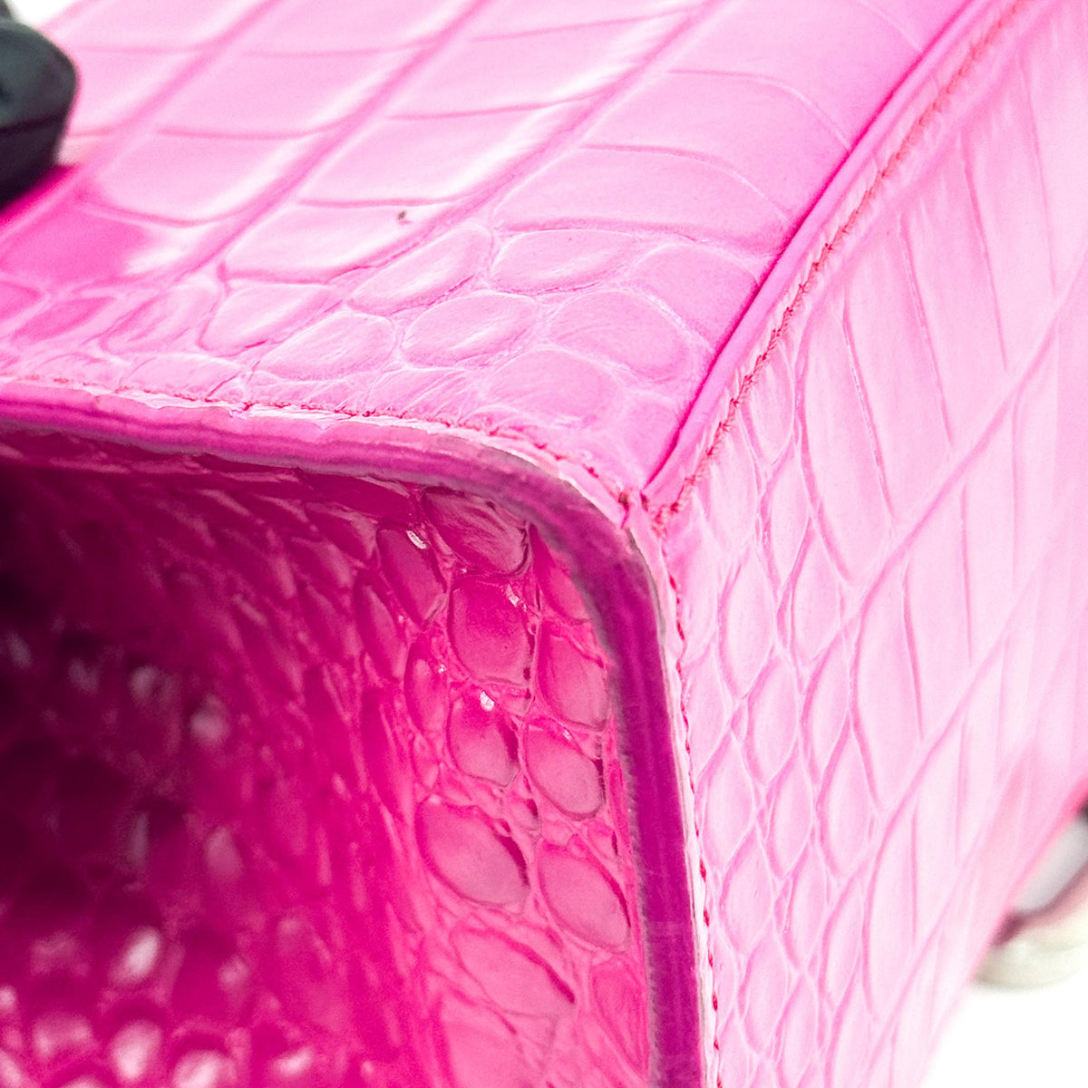 Balenciaga Hourglass XS Croco Embossed Top Handle Bag Pink Silver