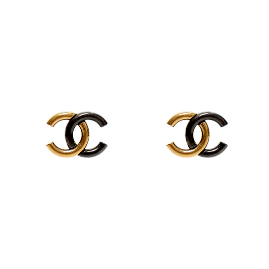 Chanel CC Logo Gold and Black Two-Tone Earrings