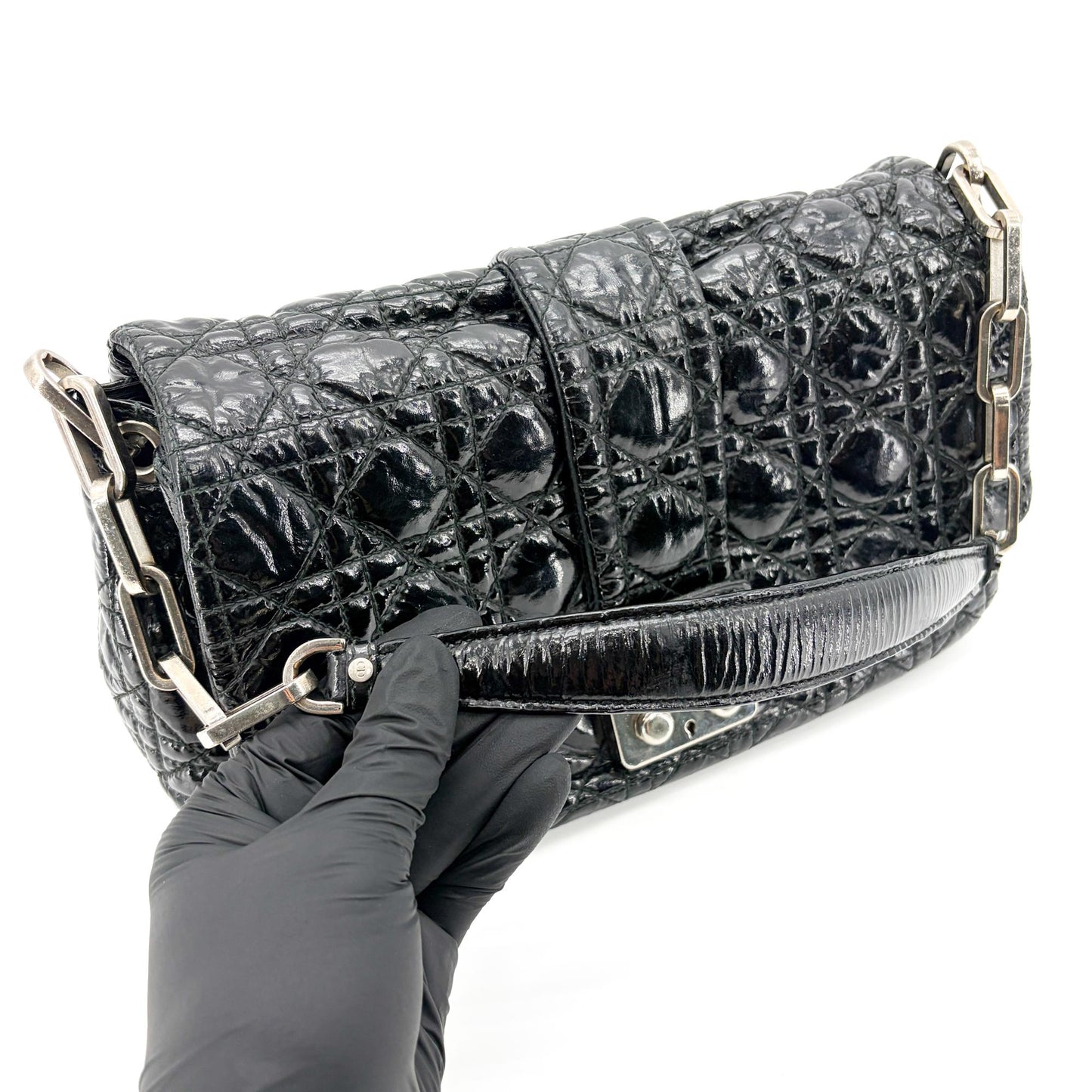 Dior Cannage Patent Flap Shoulder Bag Black