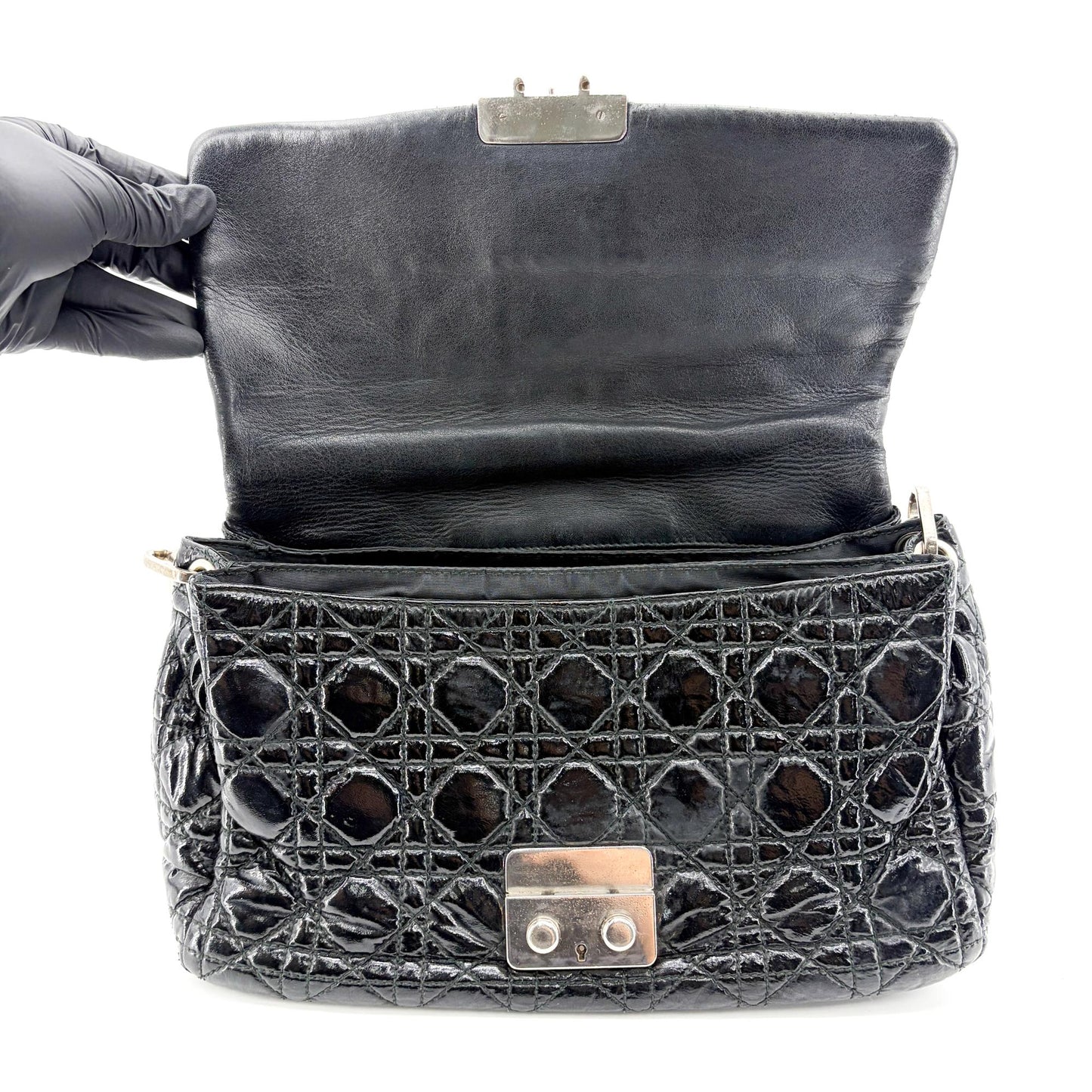 Dior Cannage Patent Flap Shoulder Bag Black