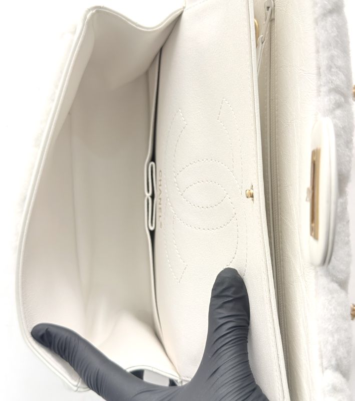 Chanel 2.55 Medium White Shearling Shoulder Bag 30s