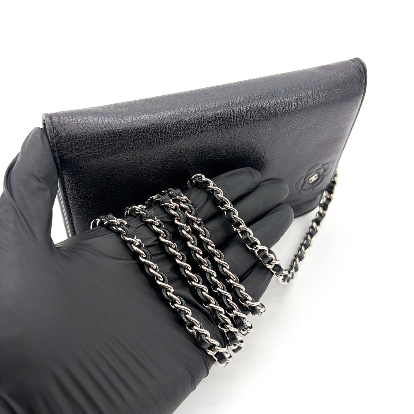 Chanel Camellia Wallet on Chain Black with Silver Hardware