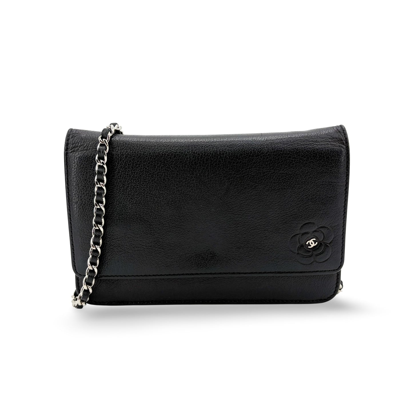 Chanel Camellia Wallet on Chain Black with Silver Hardware