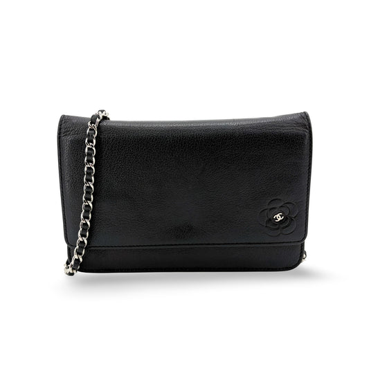 Chanel Camellia Wallet on Chain Black with Silver Hardware