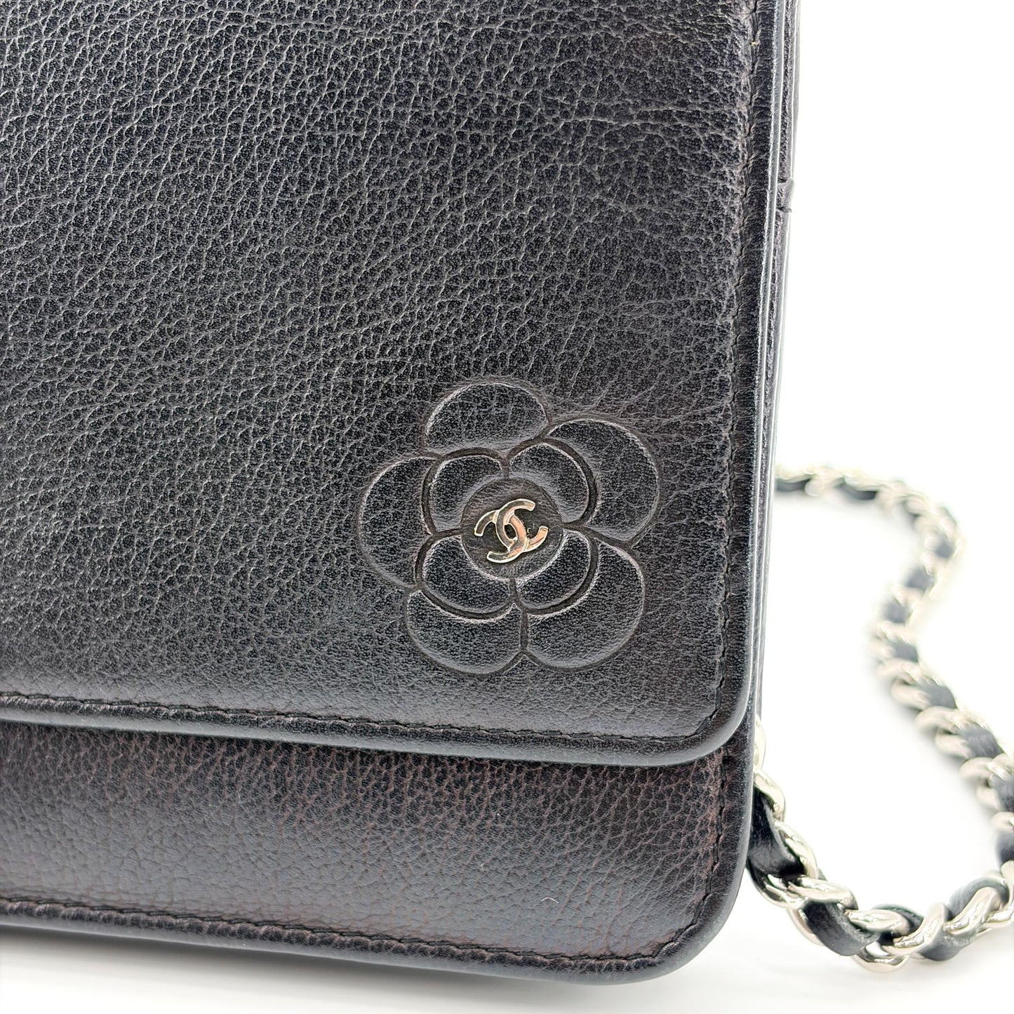 Chanel Camellia Wallet on Chain Black with Silver Hardware