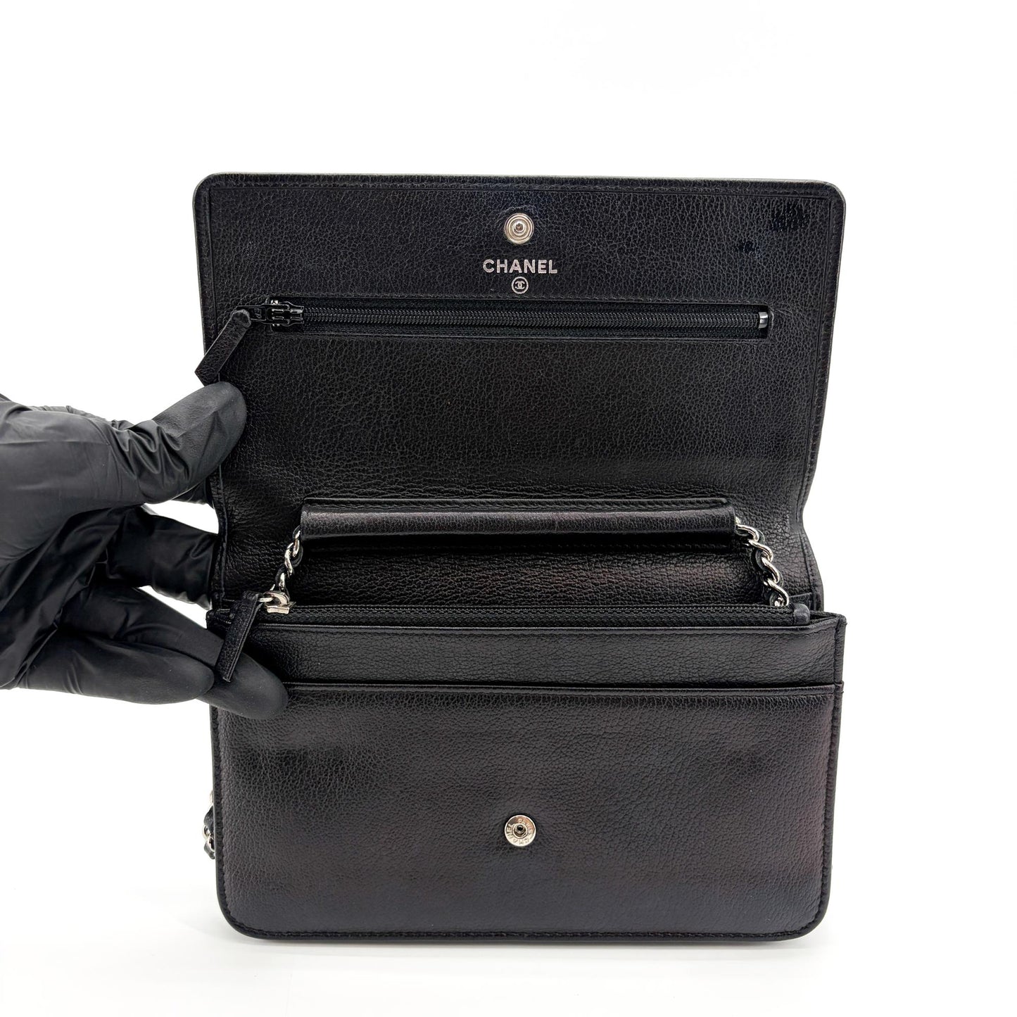 Chanel Camellia Wallet on Chain Black with Silver Hardware