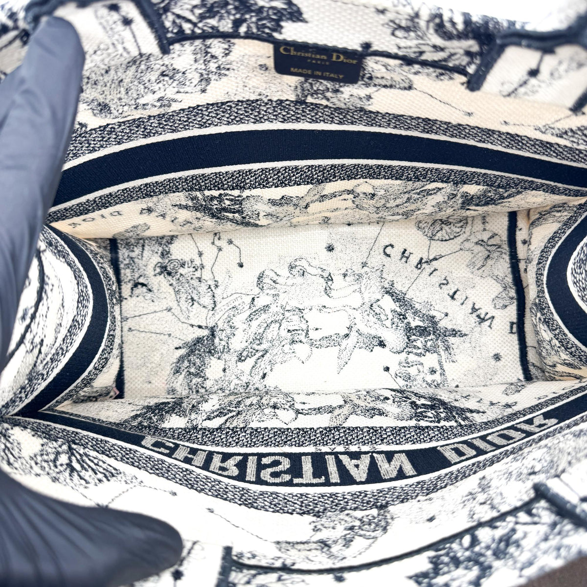 Dior Book Tote Bag Medium White Black Zodiac Embroidery
