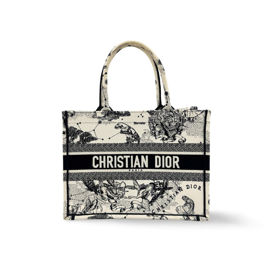 Dior Book Tote Bag Medium White Black Zodiac Embroidery