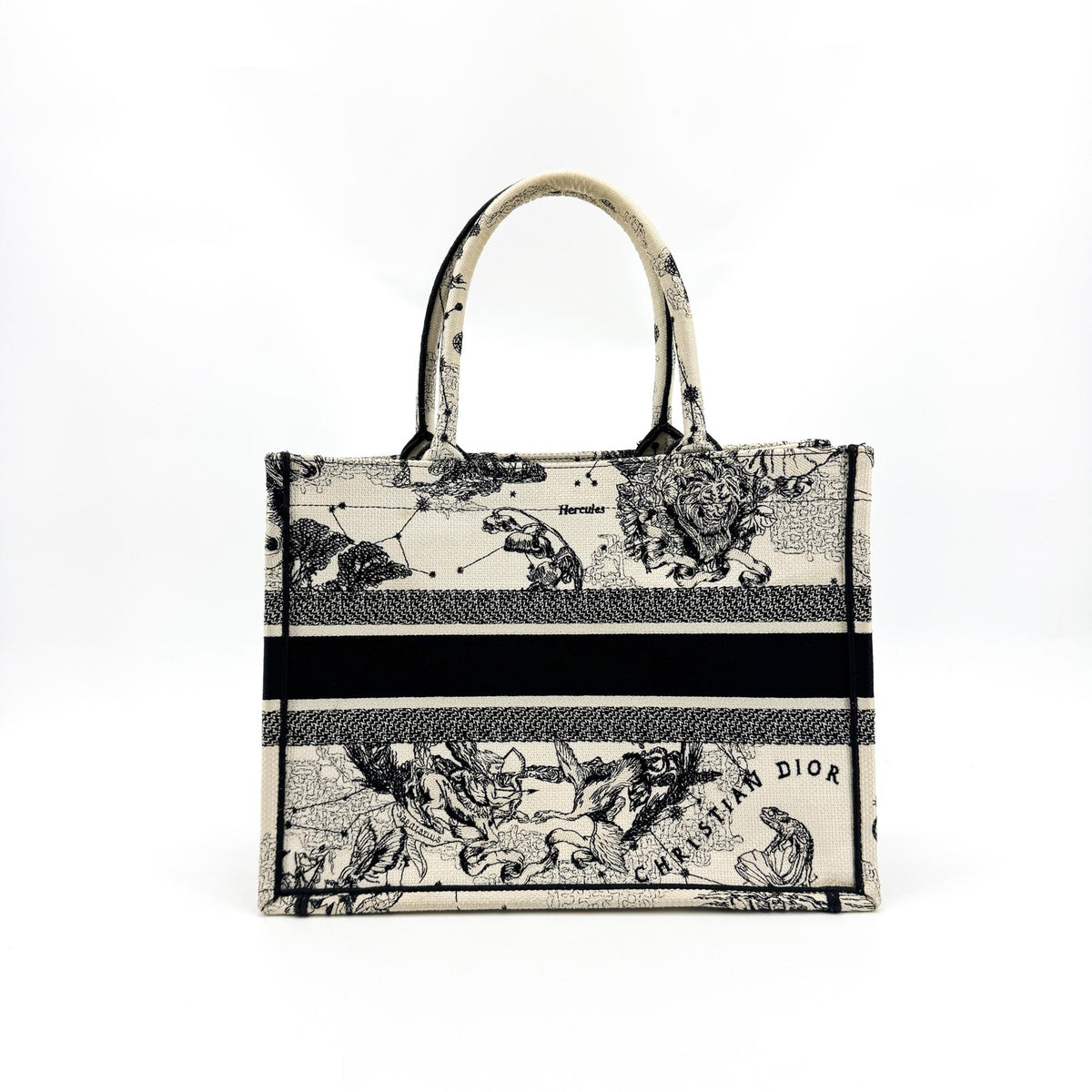 Dior Book Tote Bag Medium White Black Zodiac Embroidery