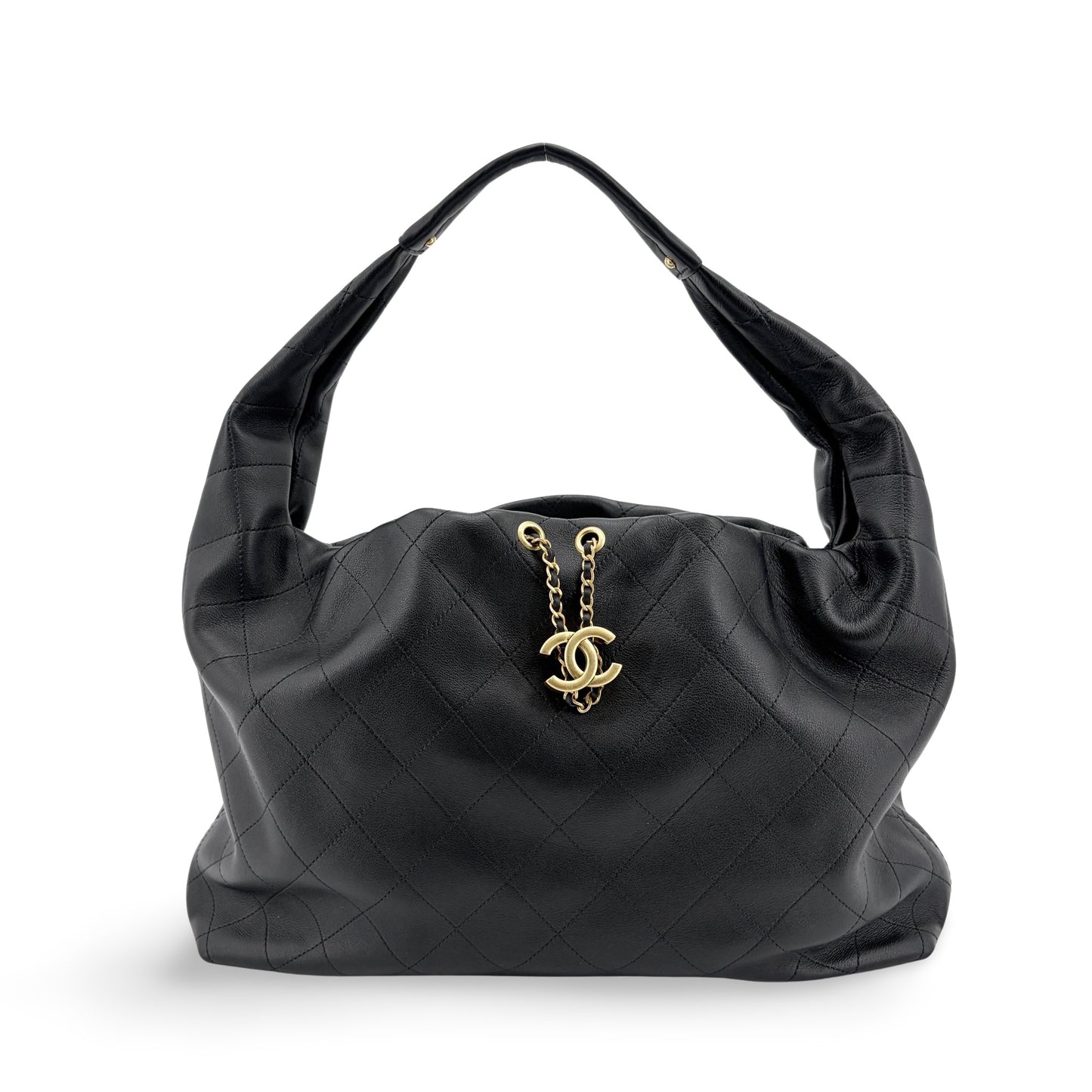 Chanel Quilted CC Charm Hobo Bag Black with Gold Hardware