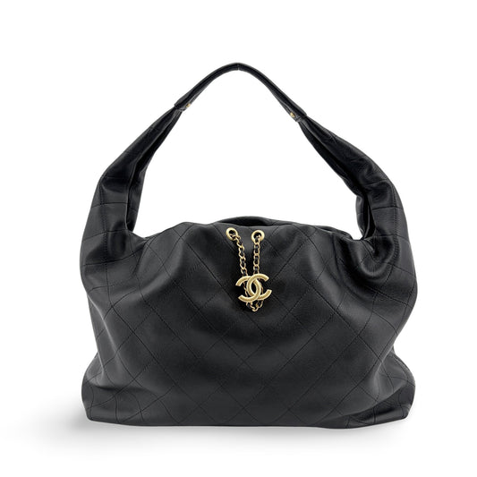 Chanel Quilted CC Charm Hobo Bag Black with Gold Hardware