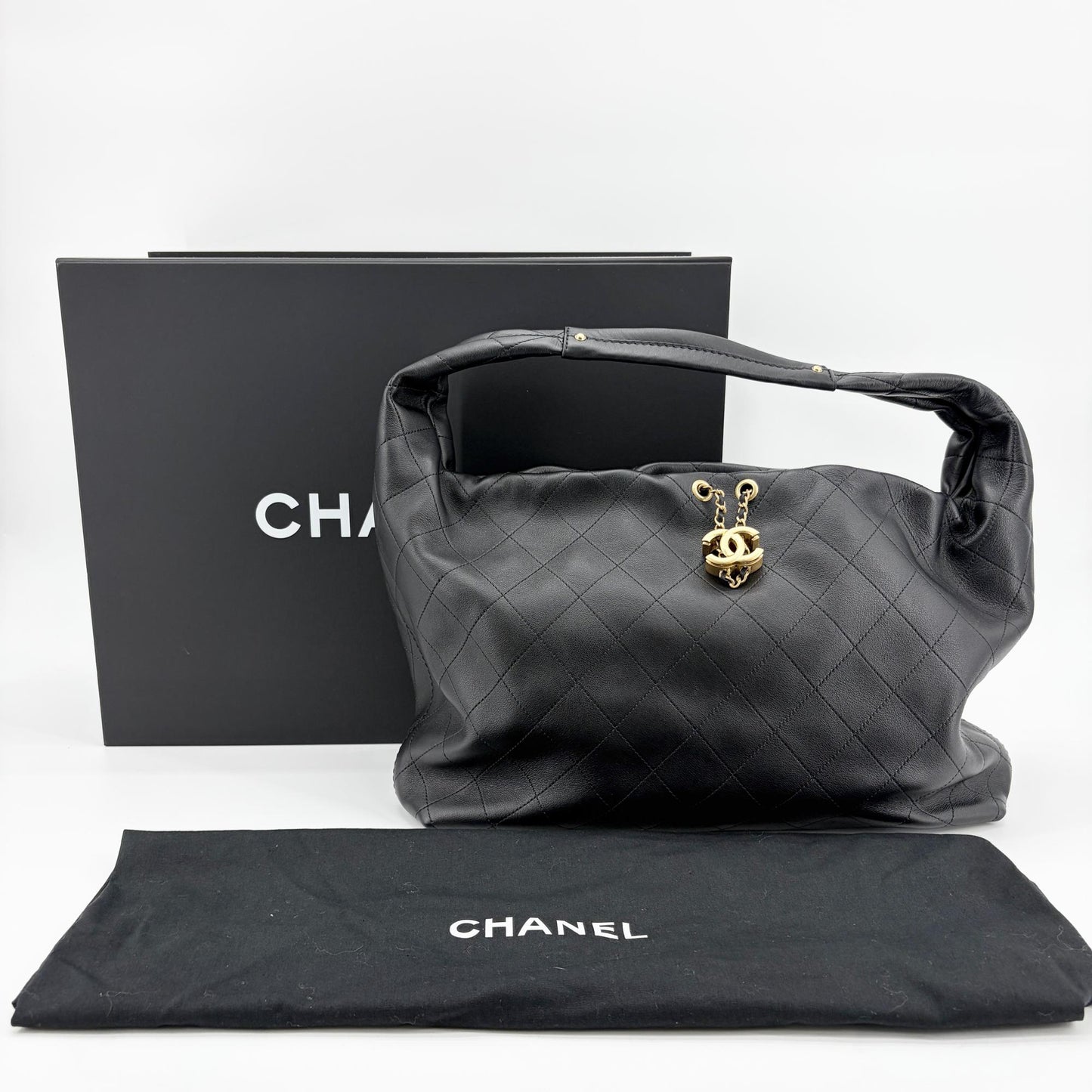 Chanel Quilted CC Charm Hobo Bag Black with Gold Hardware