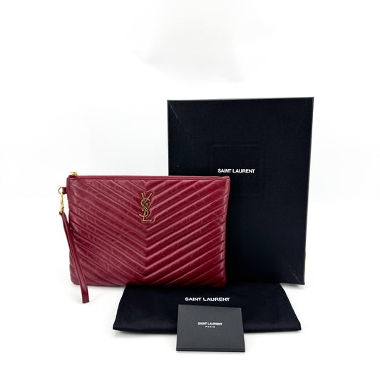 Saint Laurent Cassandra Monogram Quilted Clutch Burgundy Gold Hardware