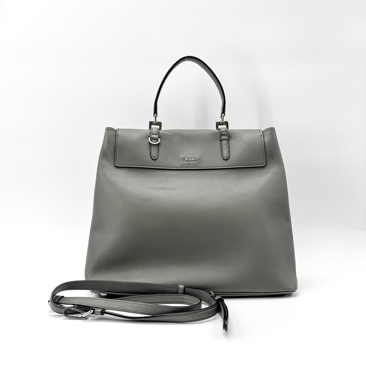 Prada Soft Calf Top Handle Tote Bag Grey