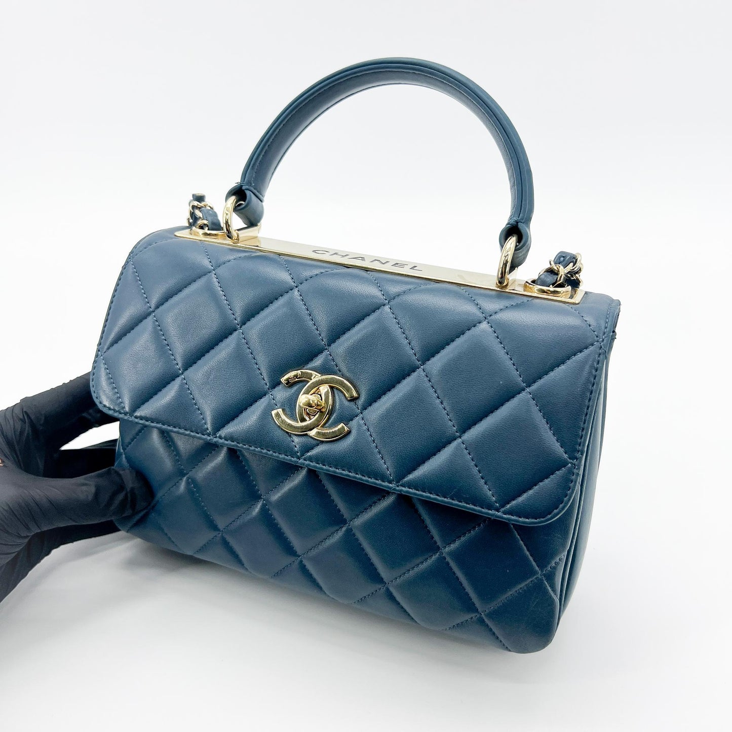 Chanel Small Trendy CC Top Handle Flap Bag Navy Gold Hardware