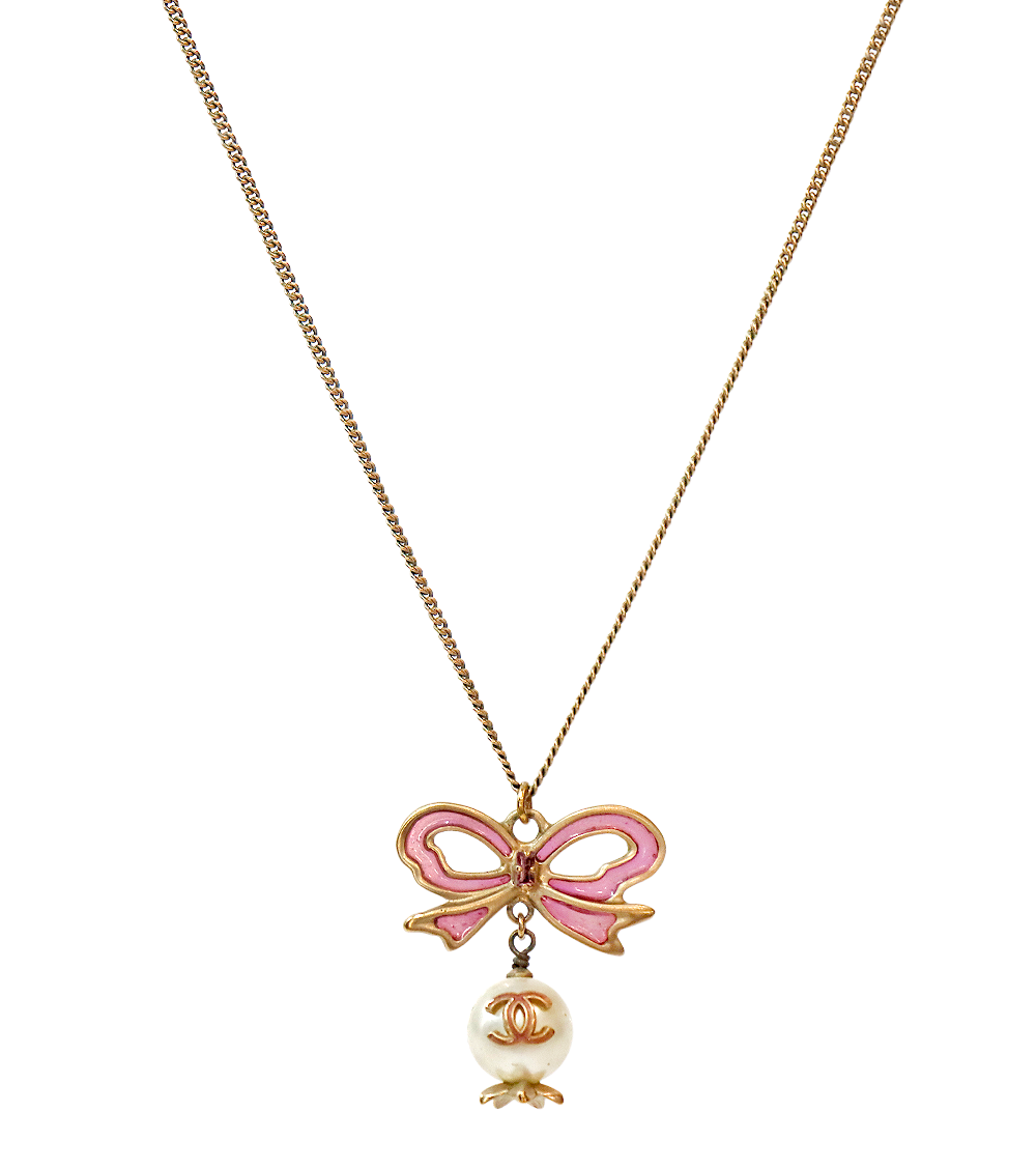 Chanel Pink Ribbon Pearl CC Gold Necklace