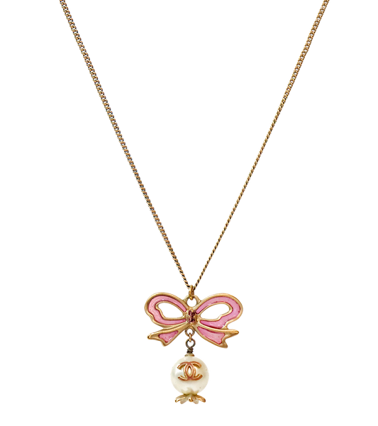 Chanel Pink Ribbon Pearl CC Gold Necklace