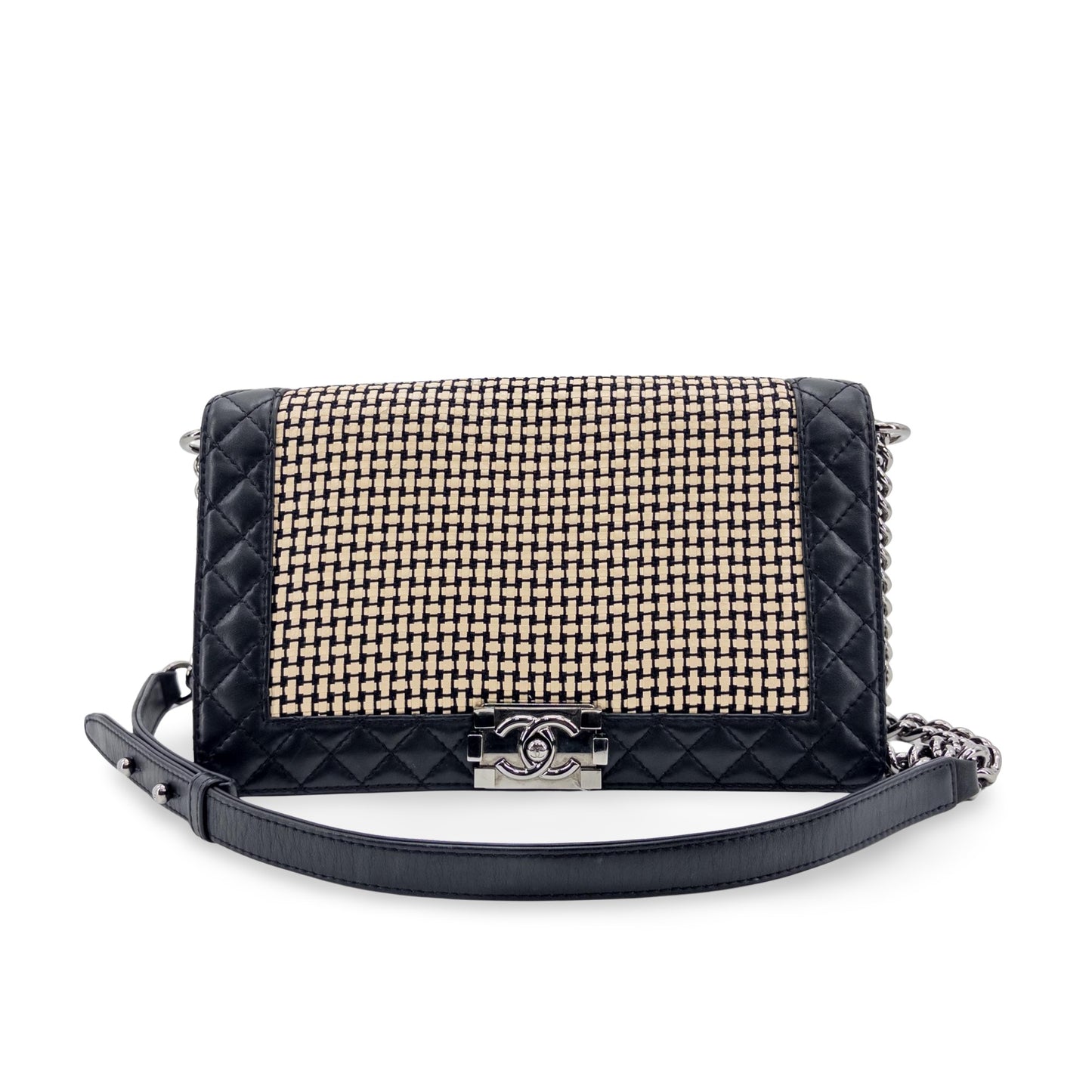 Chanel Boy Chanel Raffia and Lambskin Flap Bag Medium Black Silver Hardware