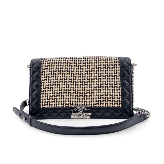 Chanel Boy Chanel Raffia and Lambskin Flap Bag Medium Black Silver Hardware