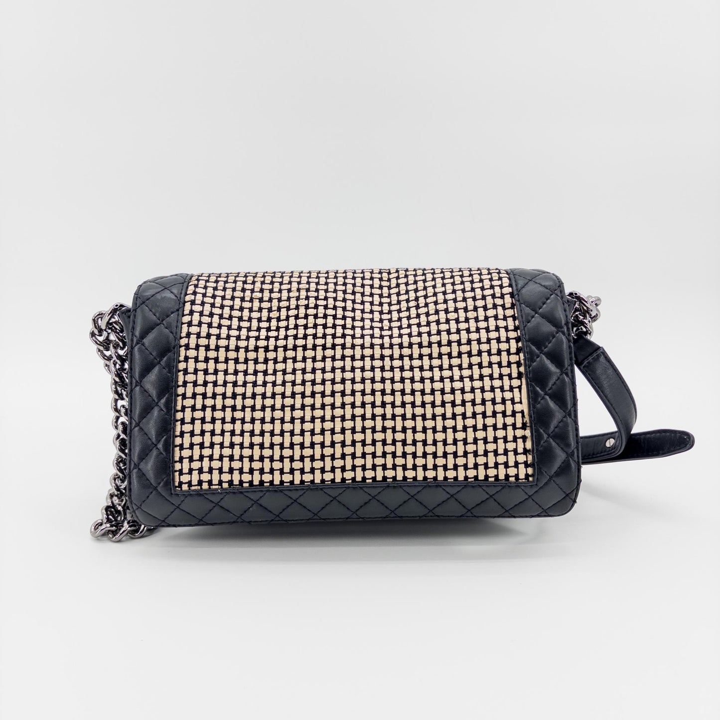 Chanel Boy Chanel Raffia and Lambskin Flap Bag Medium Black Silver Hardware