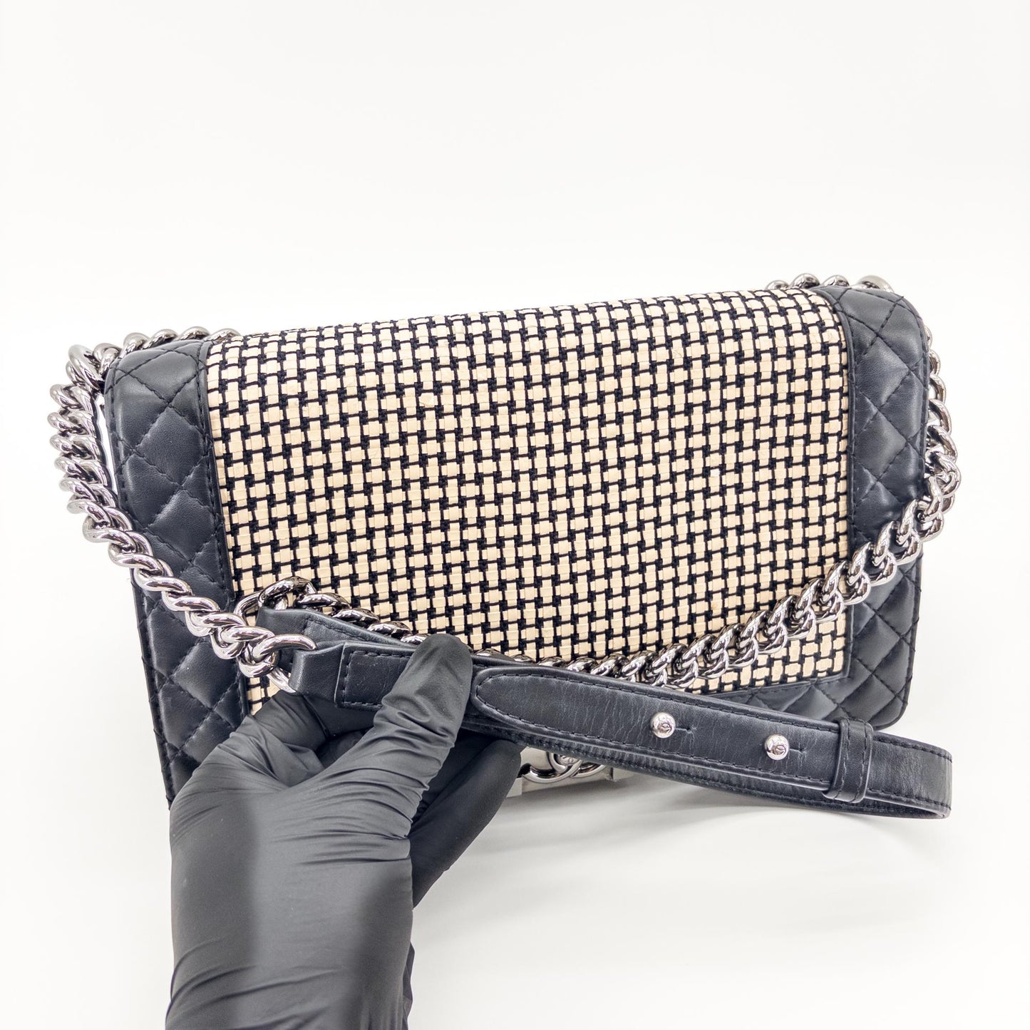 Chanel Boy Chanel Raffia and Lambskin Flap Bag Medium Black Silver Hardware