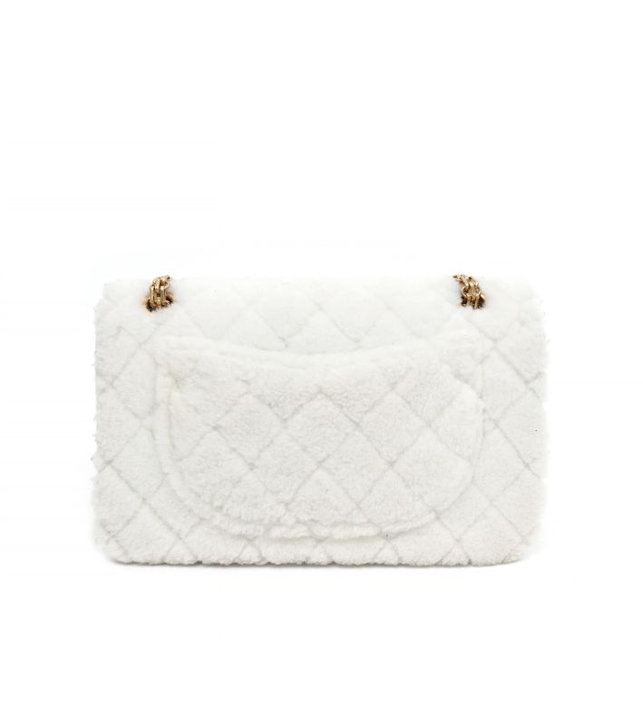 Chanel 2.55 Medium White Shearling Shoulder Bag 30s