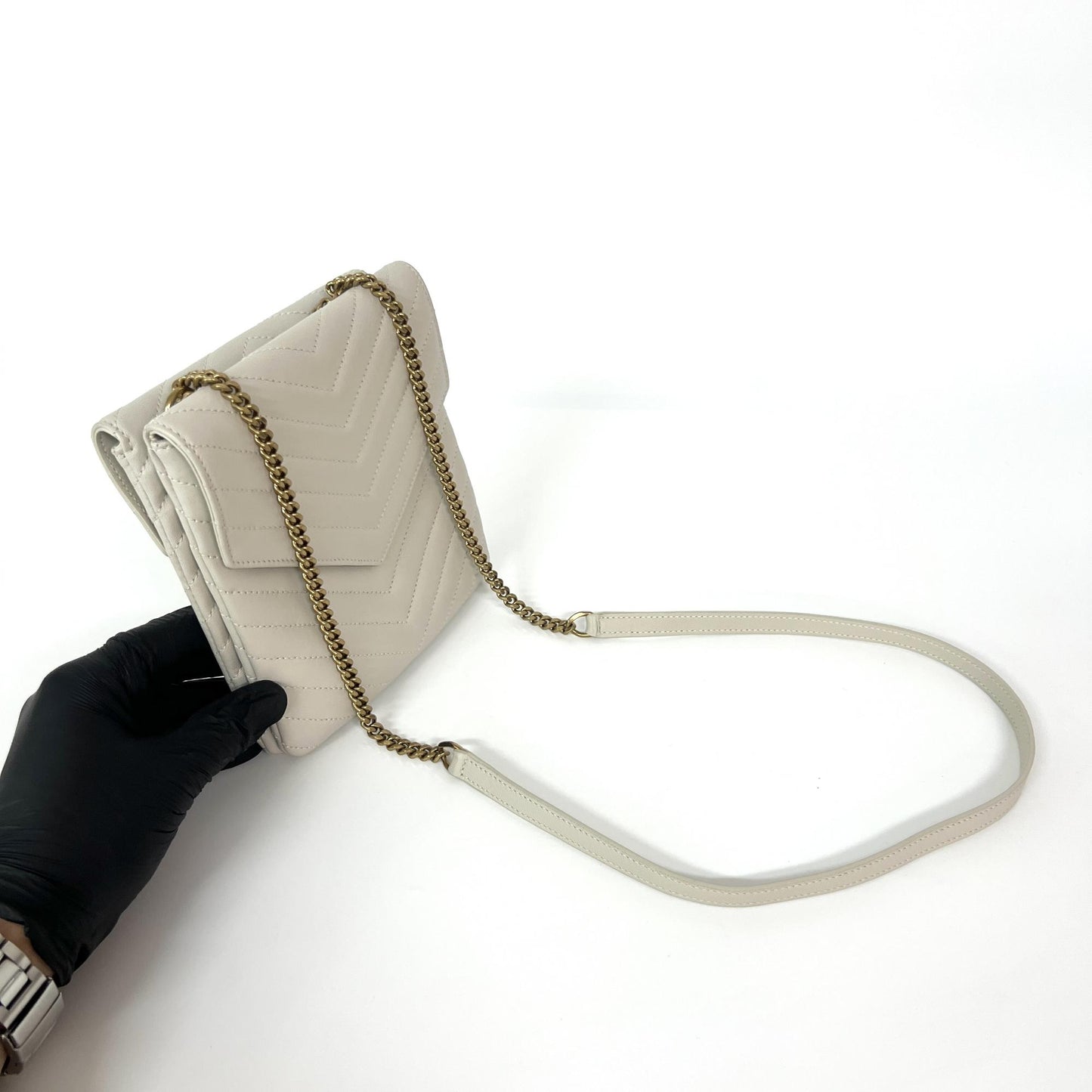 Saint Laurent Monogram Matelassé Phone Holder Shoulder Bag Blanc Vintage Gold Hardware