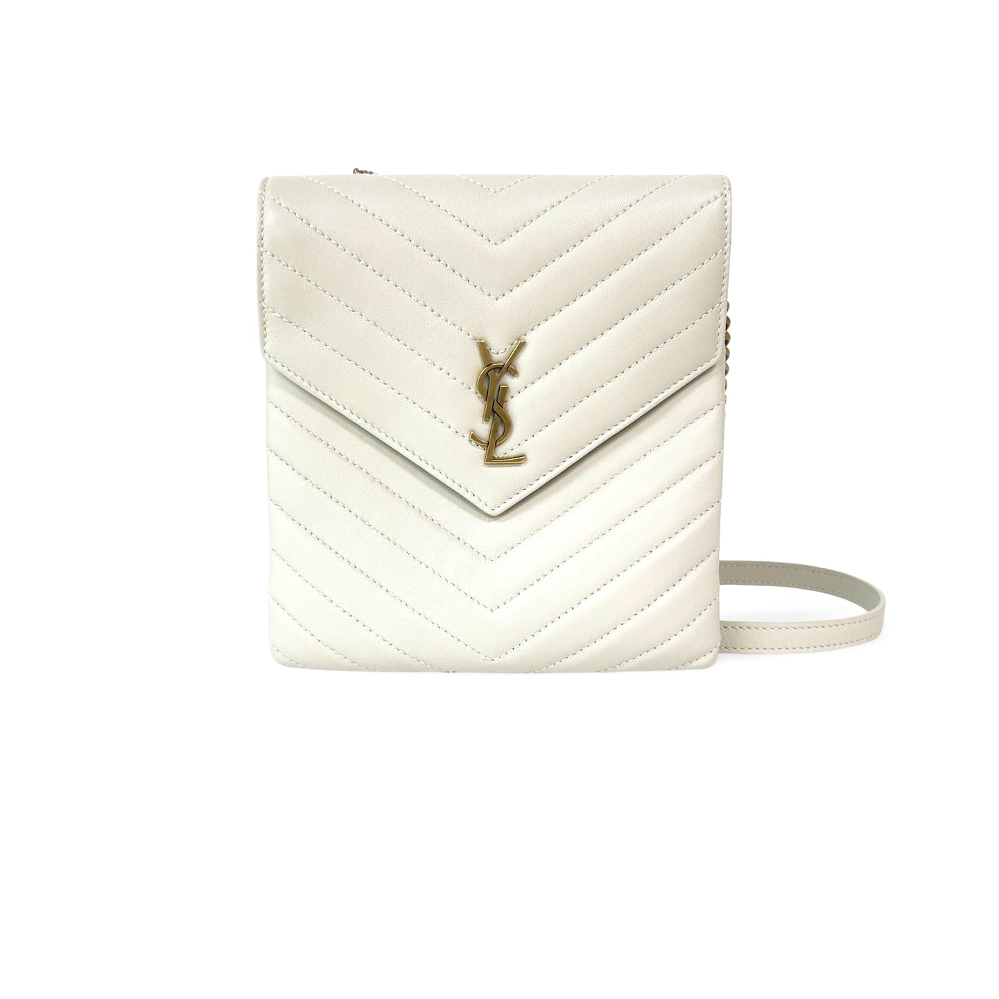 Saint Laurent Monogram Matelassé Phone Holder Shoulder Bag Blanc Vintage Gold Hardware