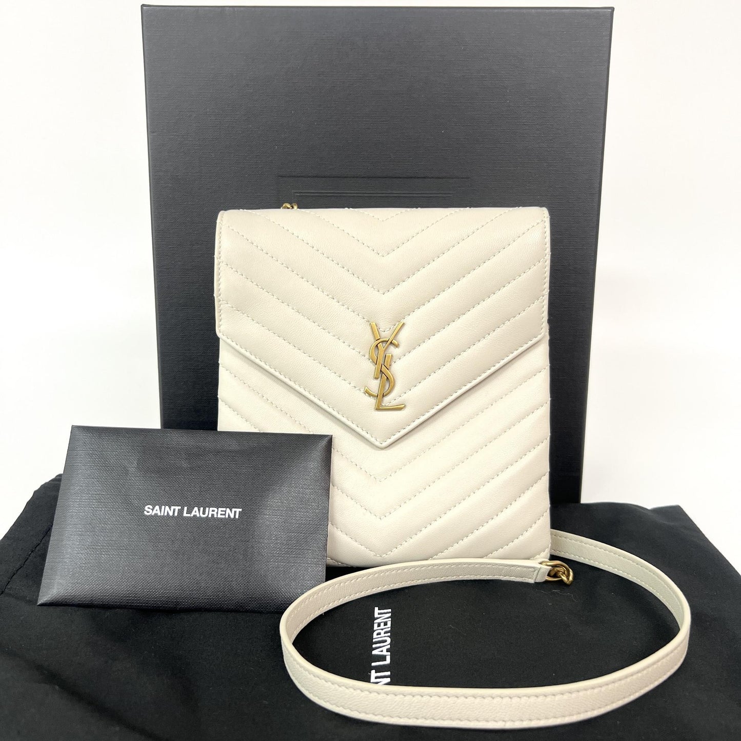 Saint Laurent Monogram Matelassé Phone Holder Shoulder Bag Blanc Vintage Gold Hardware