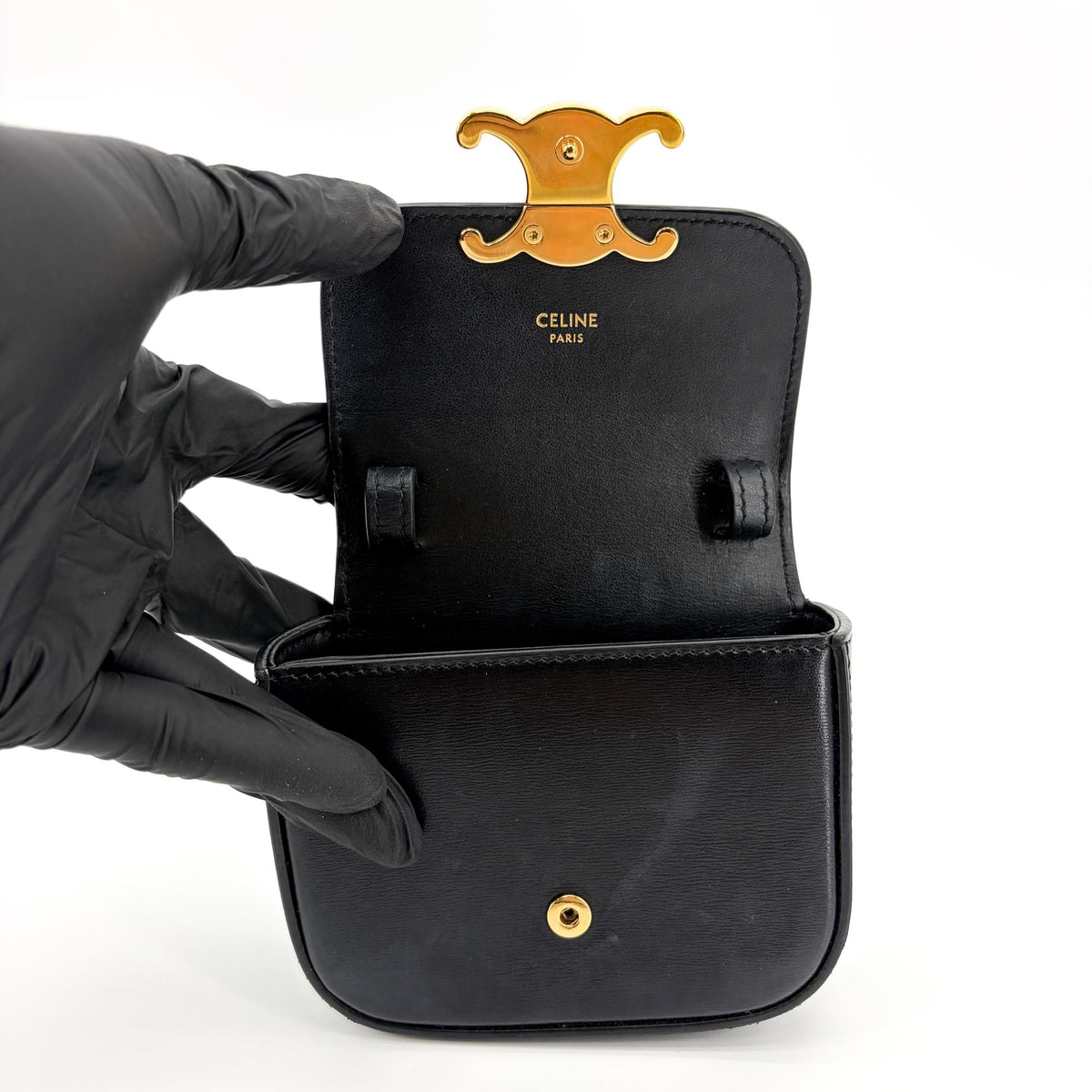 Celine Shiny Calfskin Mini Triomphe Crossbody Bag Black Gold Hardware