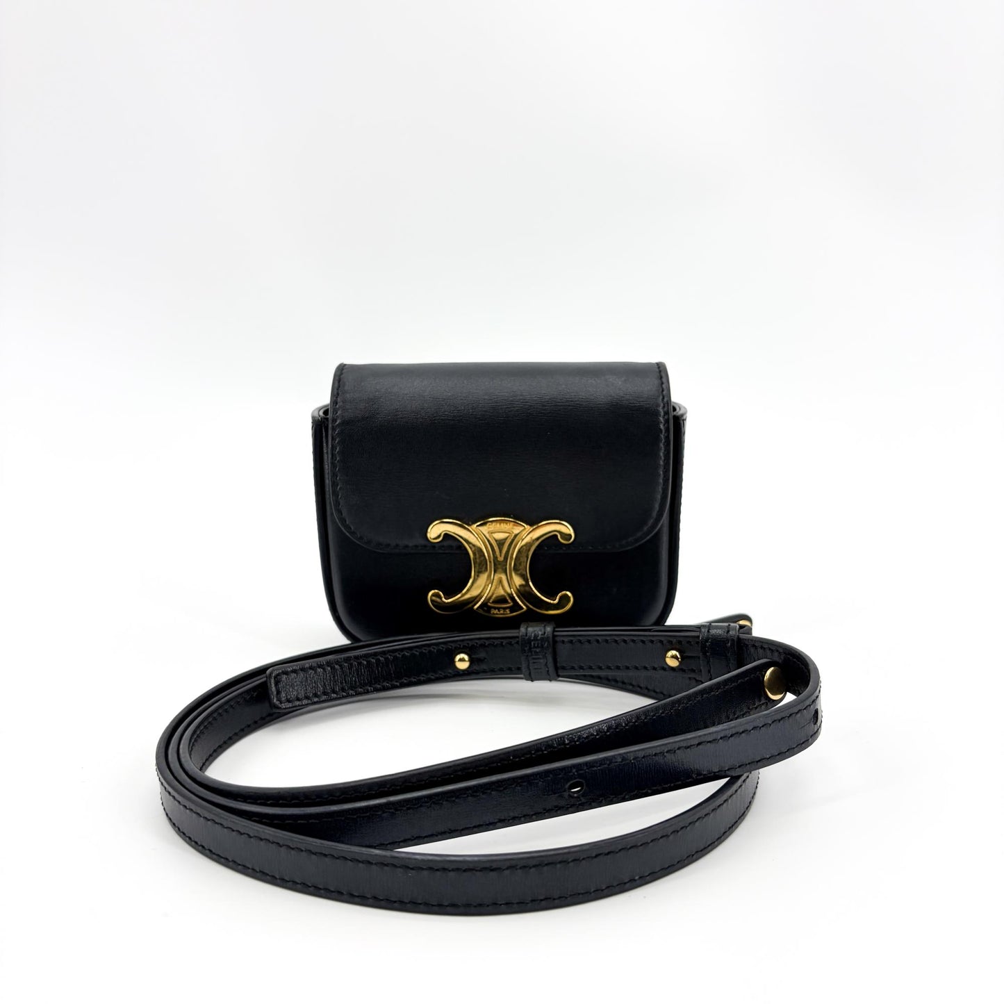 Celine Shiny Calfskin Mini Triomphe Crossbody Bag Black Gold Hardware