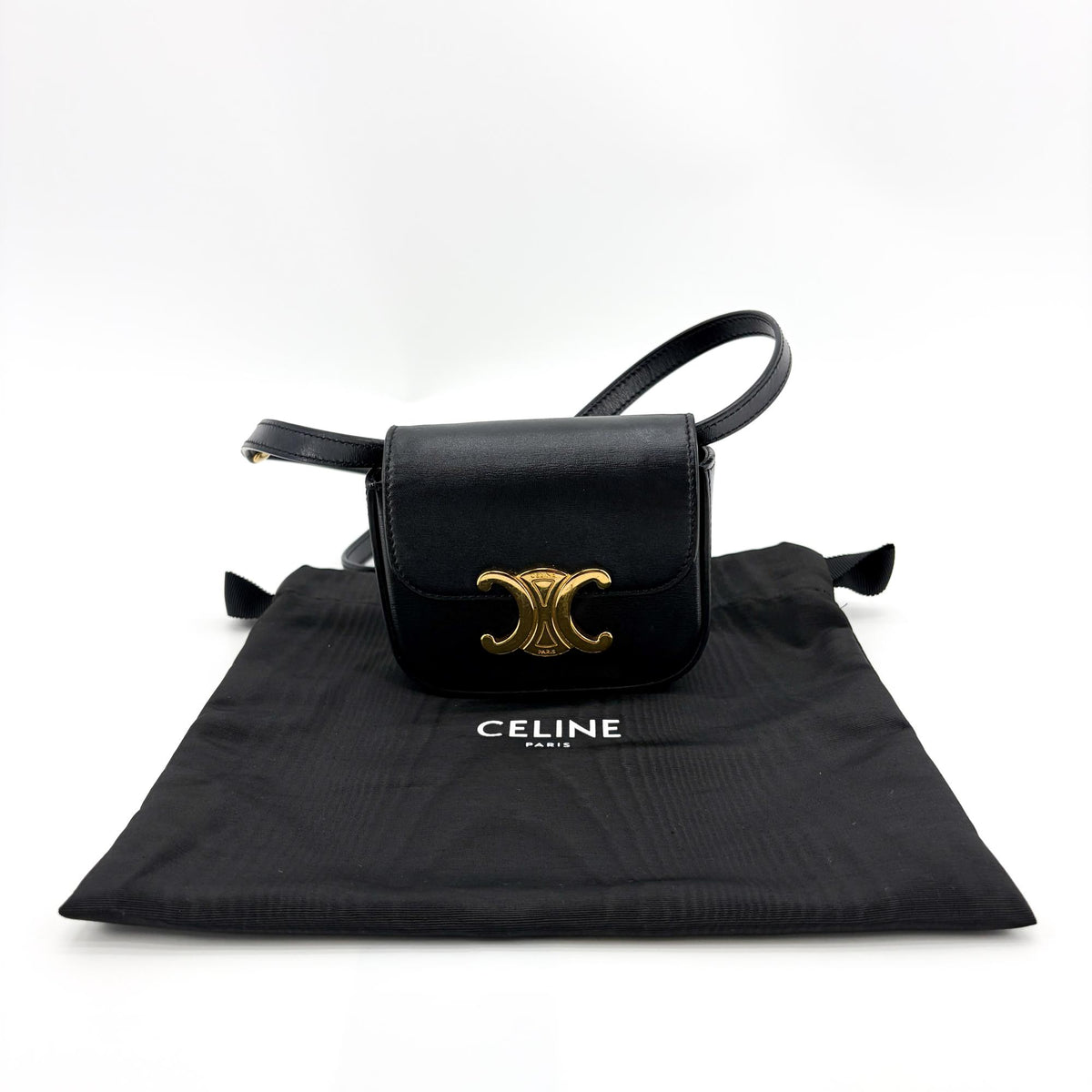 Celine Shiny Calfskin Mini Triomphe Crossbody Bag Black Gold Hardware