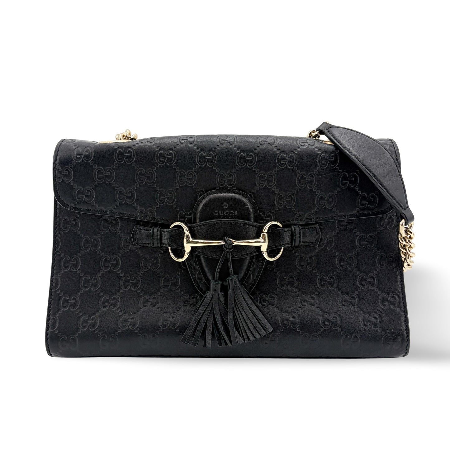 Gucci Guccisima Leather Horsebit Tassel Shoulder Bag Black