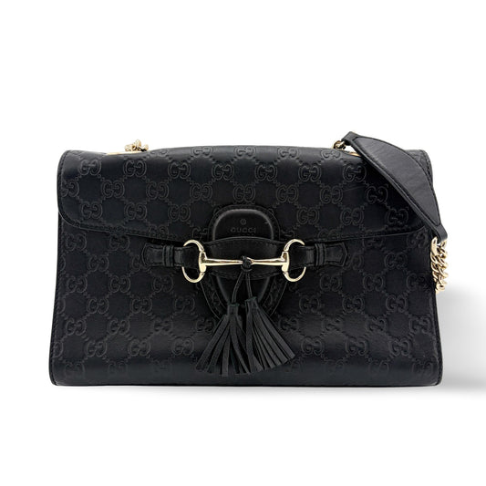 Gucci Guccisima Leather Horsebit Tassel Shoulder Bag Black