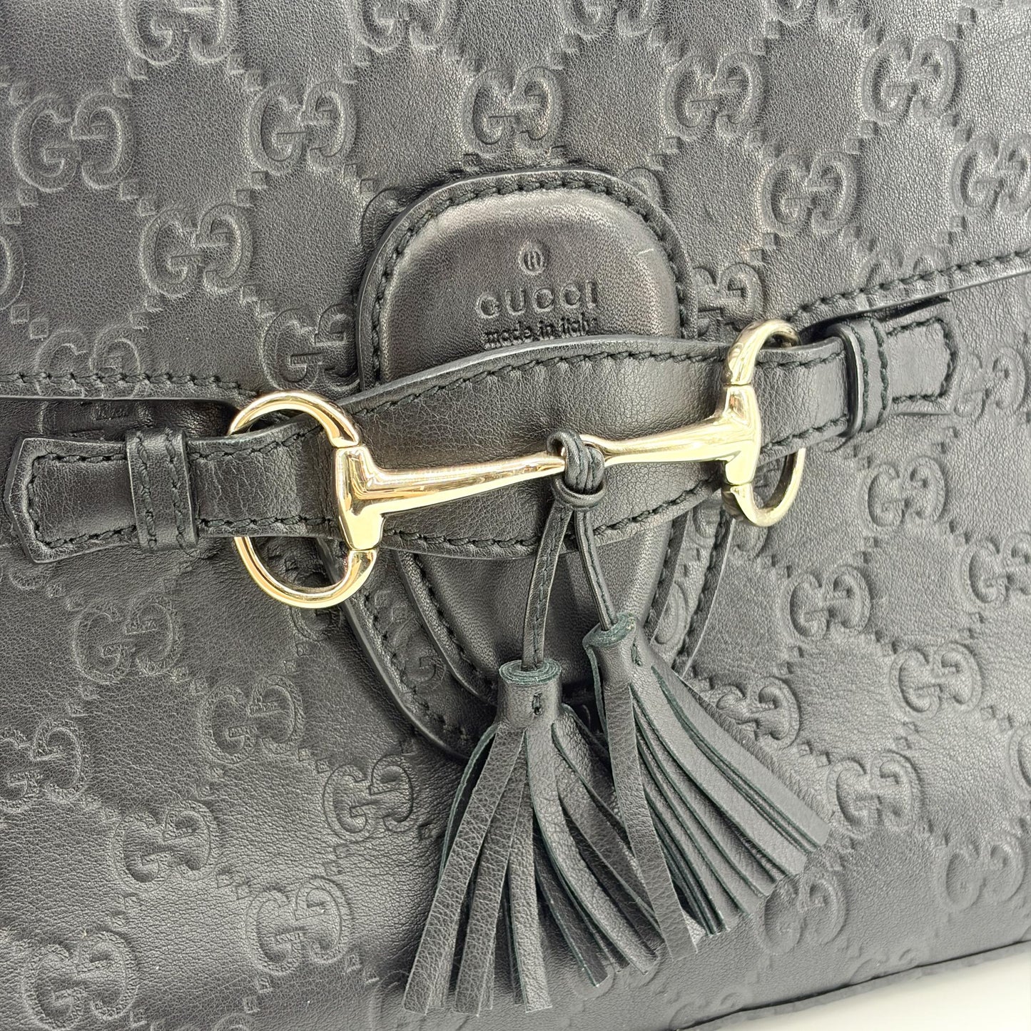 Gucci Guccisima Leather Horsebit Tassel Shoulder Bag Black