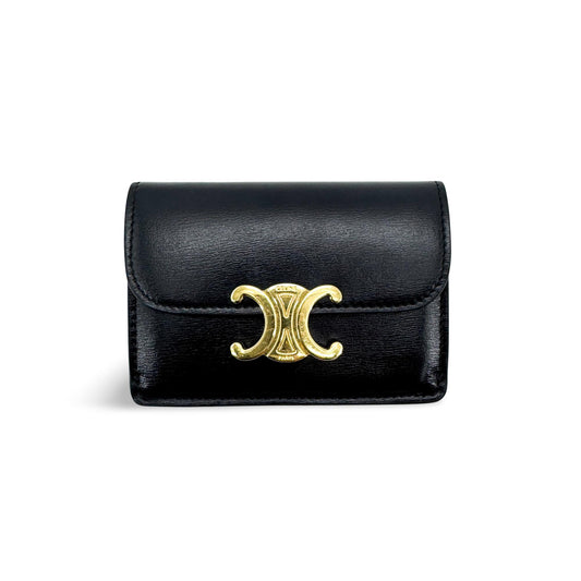 Celine Small Triomphe Wallet Shiny Calfskin Black Gold Hardware