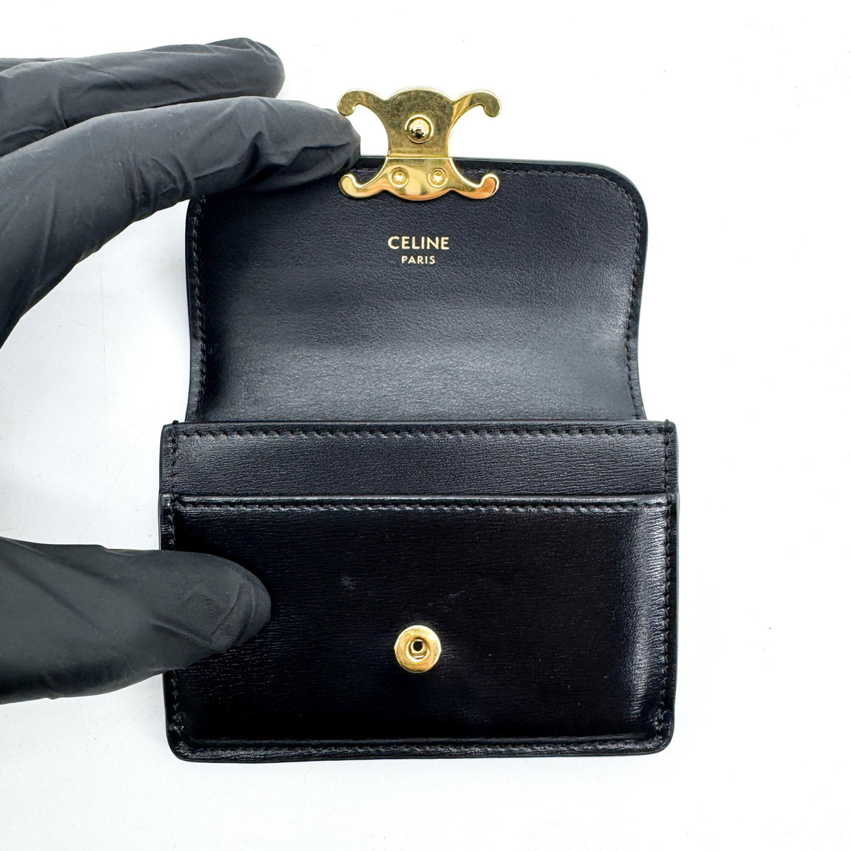 Celine Small Triomphe Wallet Shiny Calfskin Black Gold Hardware