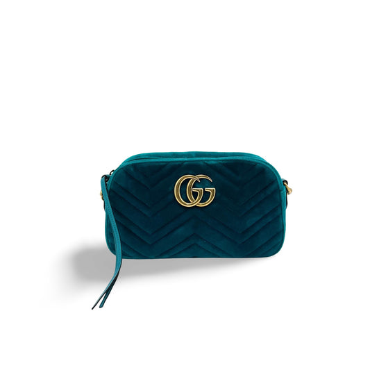 Gucci GG Marmont Mini Velvet Crossbody Bag Petrol Blue