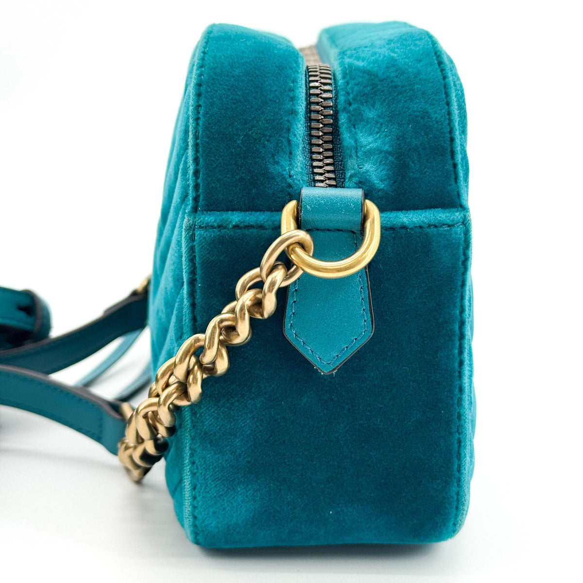 Gucci GG Marmont Mini Velvet Crossbody Bag Petrol Blue
