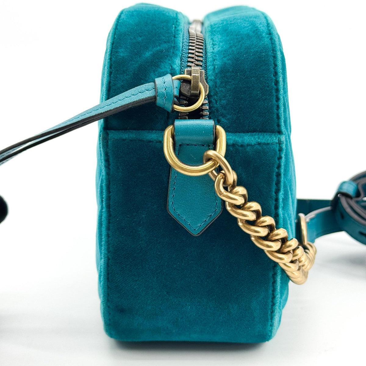 Gucci GG Marmont Mini Velvet Crossbody Bag Petrol Blue