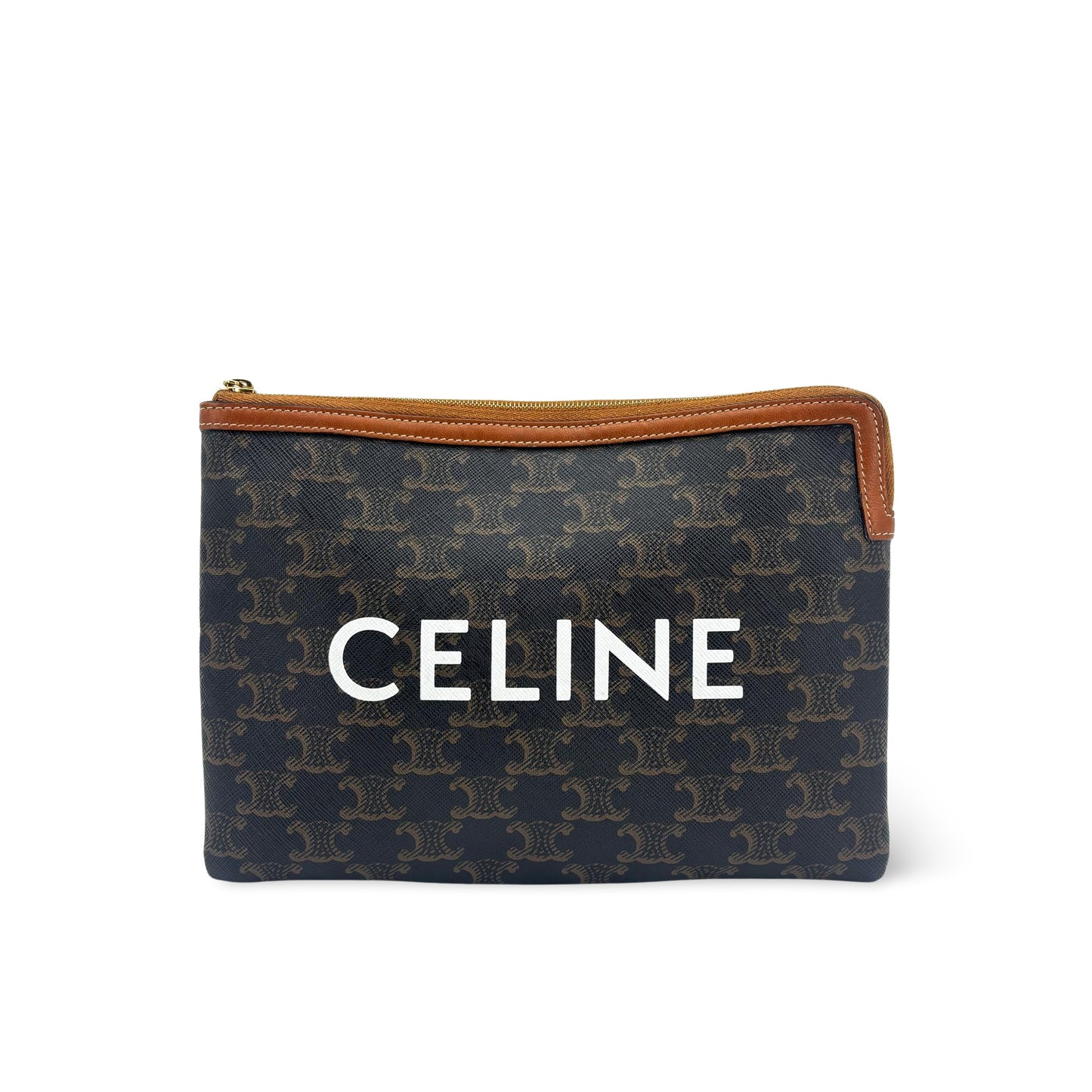 Celine Triomphe Canvas Zipper Pouch Tan