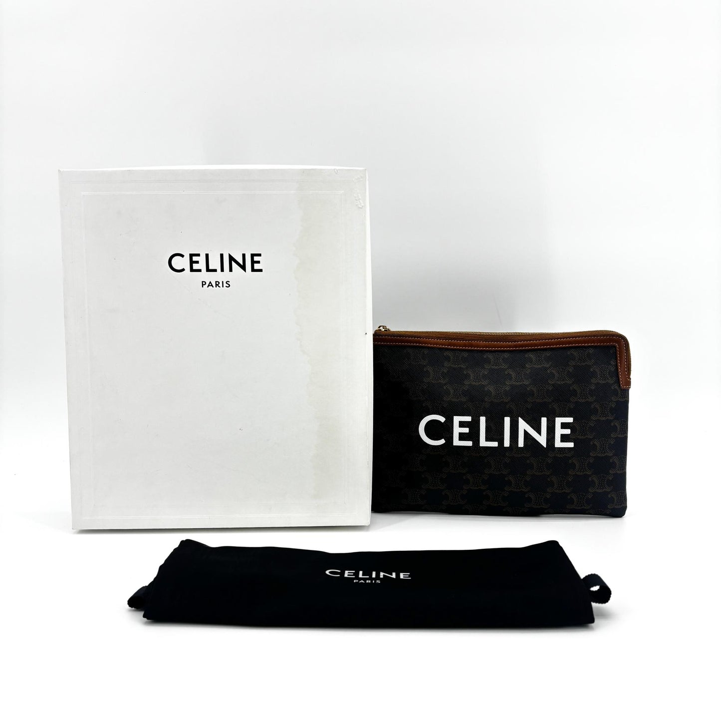 Celine Triomphe Canvas Zipper Pouch Tan