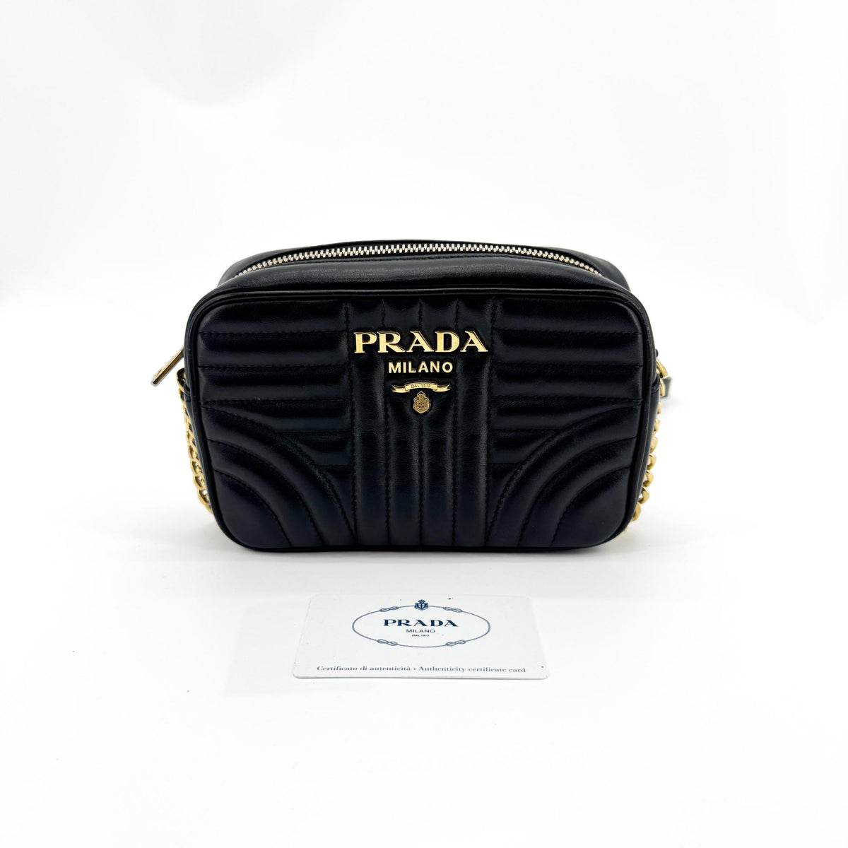 Prada Diagram Leather Camera Bag Mini Gold Hardware Black