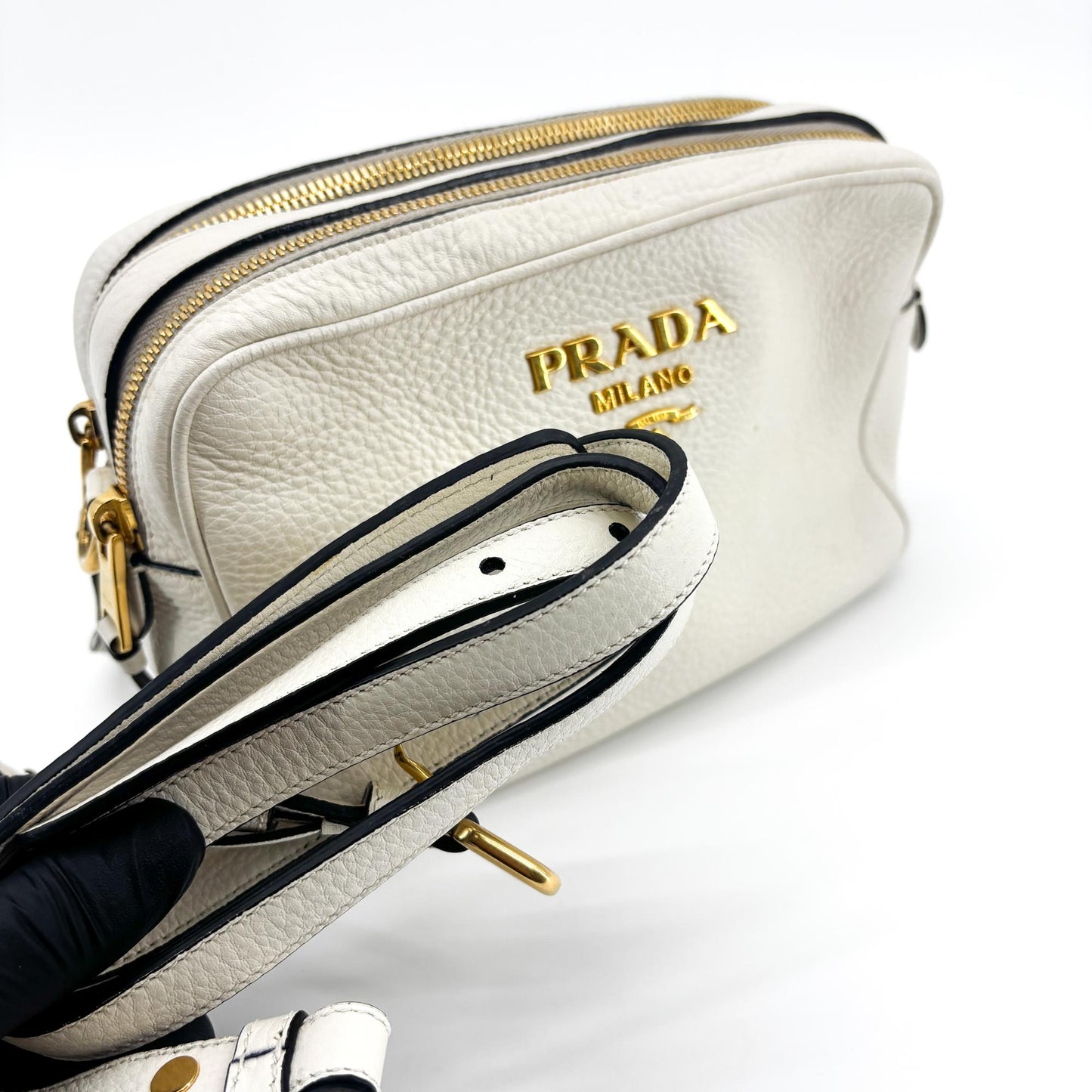 Prada Vitello Phoenix Leather Camera Bag White Gold Hardware