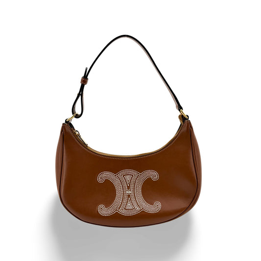 Celine Medium Ava Bag Tan Smooth Calfskin White Triomphe Embroidery